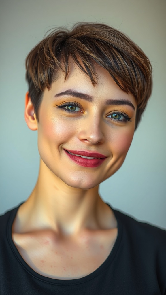A woman with a mid shag haircut and micro bangs, showcasing a fresh and textured look.