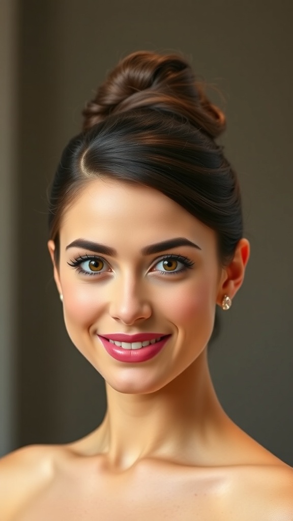 A woman with a middle-parted bun and gel slicked finish, showcasing a polished hairstyle for ballroom dancing.