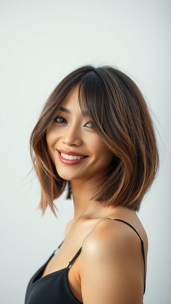 A woman with midlength layered hair, showcasing waterfall layers and shine.
