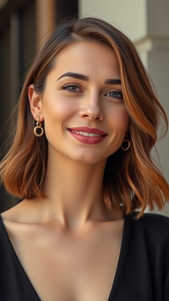 A woman with shoulder length layered hair, styled with a center part and swingy ends, smiling at the camera.