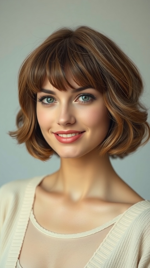 A woman with a midlength shag cut and curtain fringe, showcasing soft waves and a bright smile.