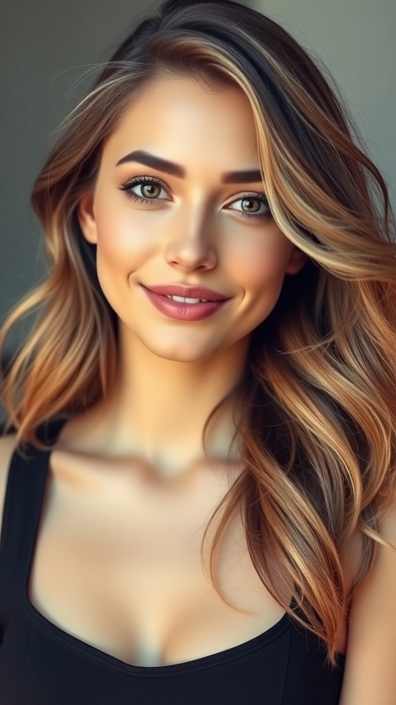 A woman with midlength wavy hair styled with a middle part and long layers.