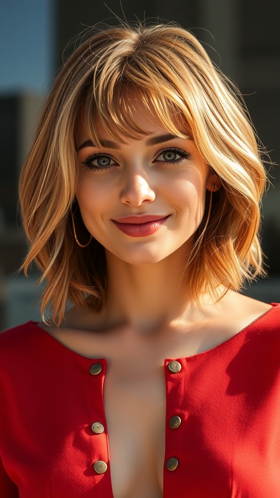 A young woman with a midneck haircut featuring wispy bangs and subtle highlights, smiling at the camera.