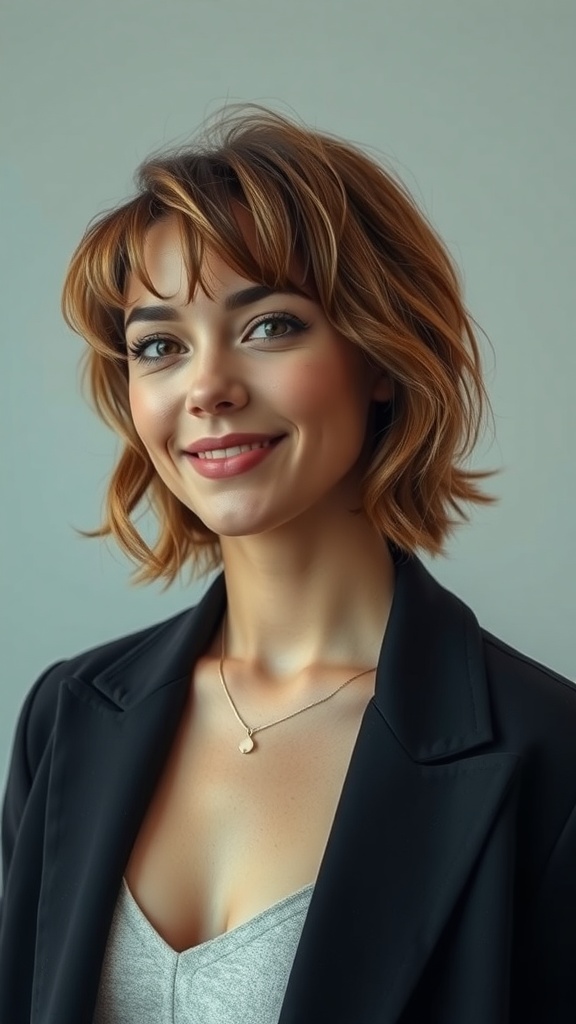 A woman with a midneck shaggy bob and wispy bangs, smiling and wearing a stylish outfit.
