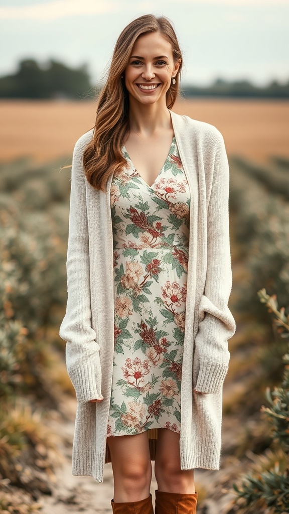 A woman smiling in a mini floral dress with a long cardigan, set in a rustic outdoor background.