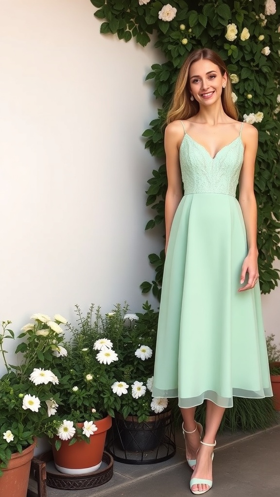 Mint green fit-and-flare dress with lace overlay, perfect for a garden party wedding guest outfit.