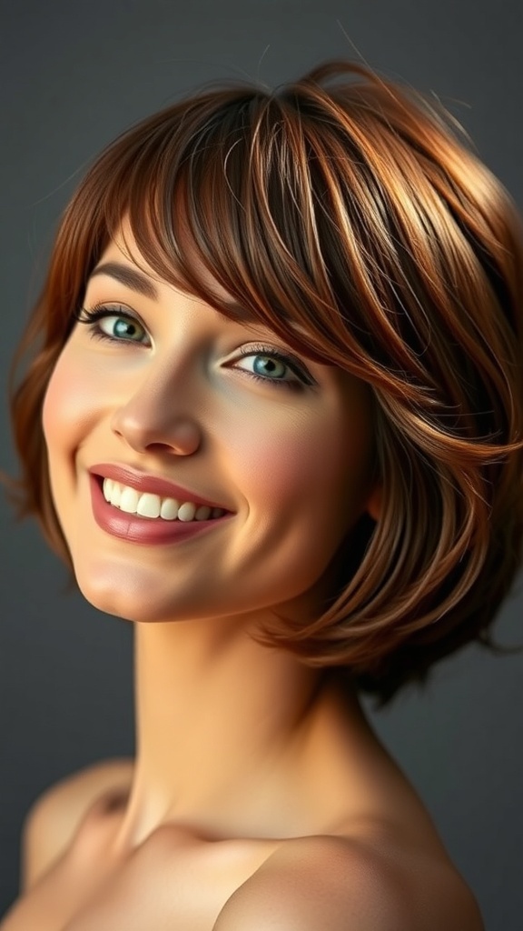 A woman with a mocha brown haircut and sweeping fringe, smiling brightly.