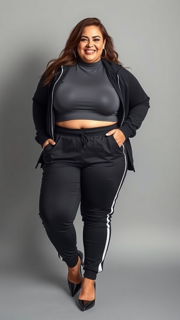 A plus size woman wearing a mock neck crop top, track pants, and heels, smiling confidently.