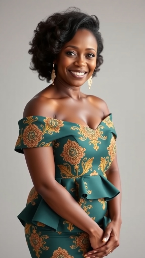 A woman wearing a modern fitted Kente gown with peplum detail, showcasing vibrant colors and intricate patterns.