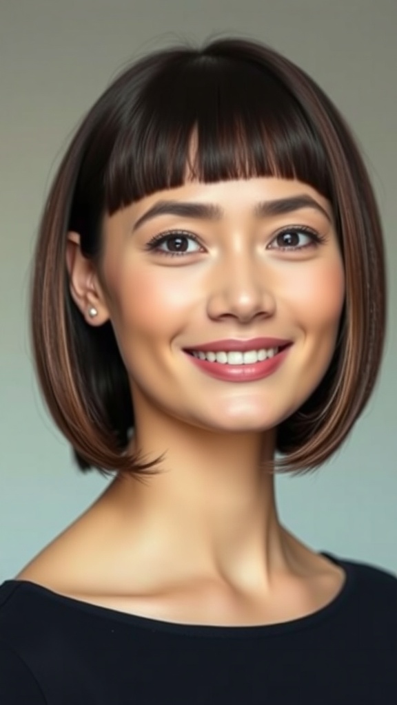 A woman with shoulder length straight layered hair and bangs, smiling at the camera.