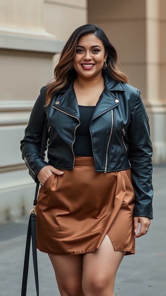 A woman wearing a black moto jacket and a satin mini skirt, smiling confidently.