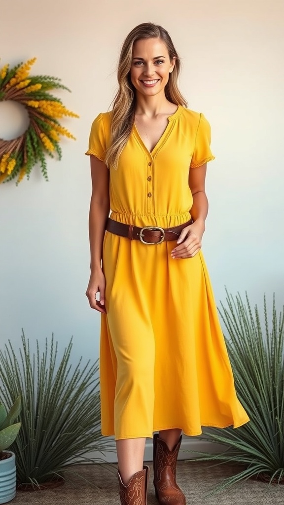 A woman wearing a mustard midi dress with a belt and cowboy boots, standing in a bright setting with plants.