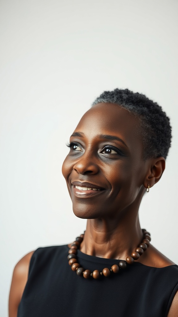 A woman with a natural buzz cut and statement earrings, smiling confidently.
