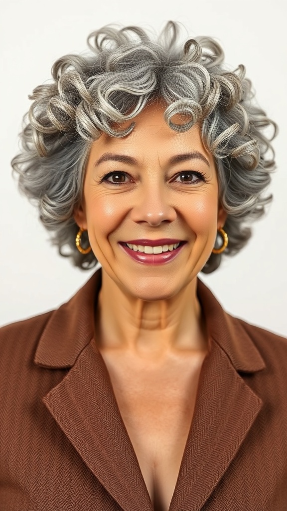 A woman over 70 with a natural coily grey bob hairstyle, smiling and wearing a brown jacket.