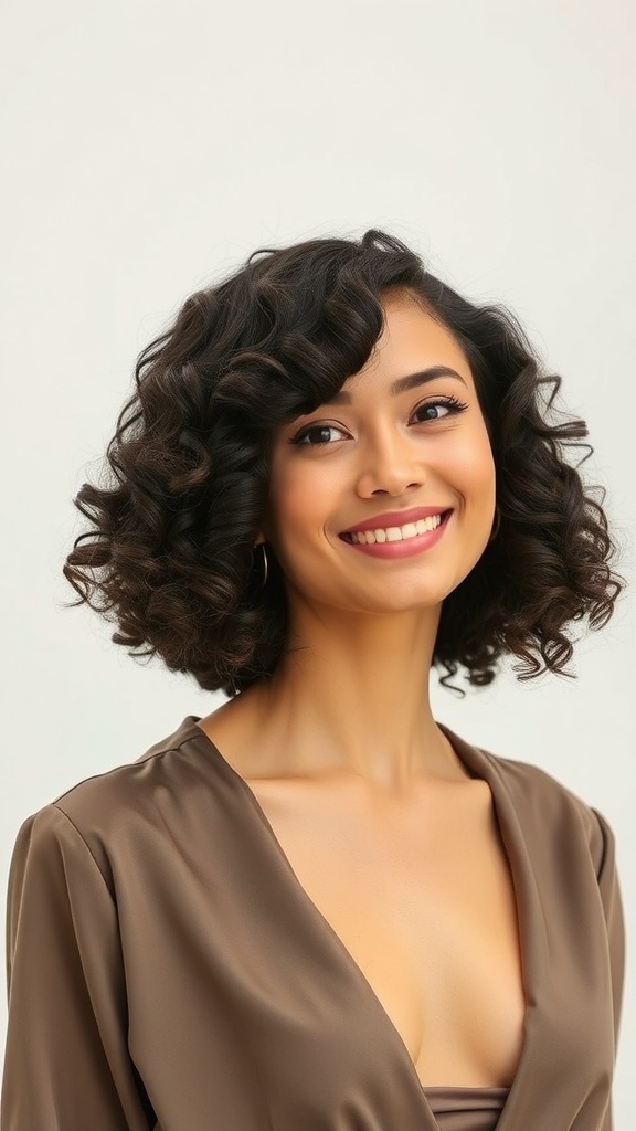 A woman with natural curls styled in a chin-length blunt cut bob, smiling and wearing a brown outfit.