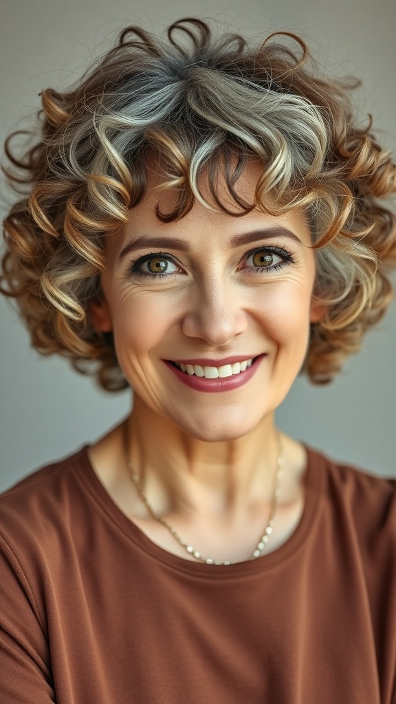 A woman with natural curly bob hairstyle, showcasing grey and warm tones in her hair.