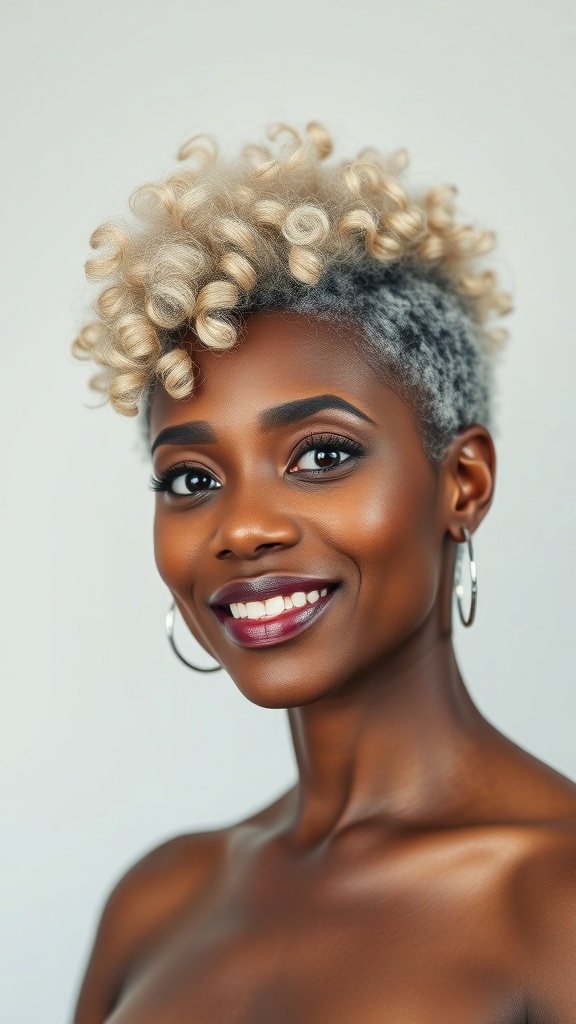 A woman with natural curls styled in a soft mohawk shape, showcasing her beautiful features.