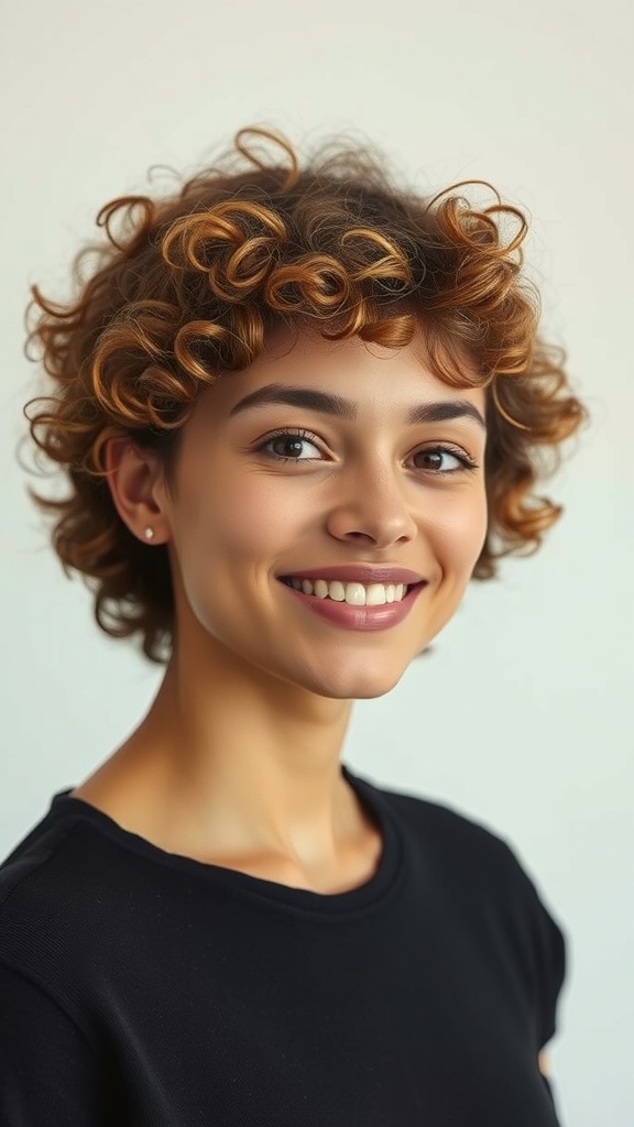 A person with a natural curly crop hairstyle, smiling and showcasing their curls.