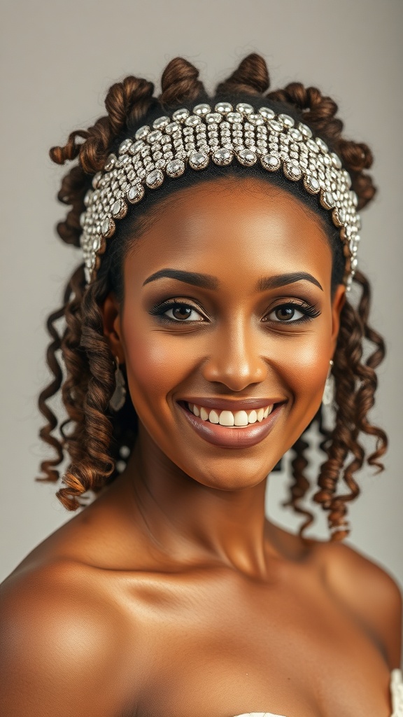 A woman with natural short hair styled with a jewel-studded headband, smiling elegantly.