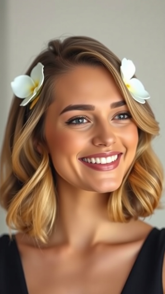A woman with shoulder-length curls and a flower clip smiling brightly.