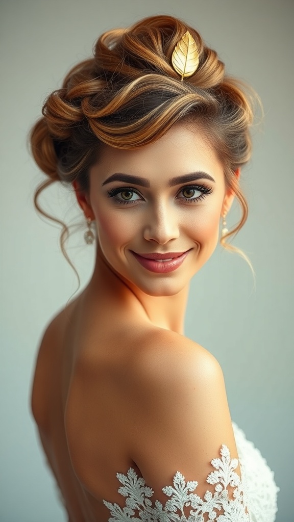 Bride with curly hair styled in an updo, adorned with a gold leaf clip, wearing an elegant wedding dress.