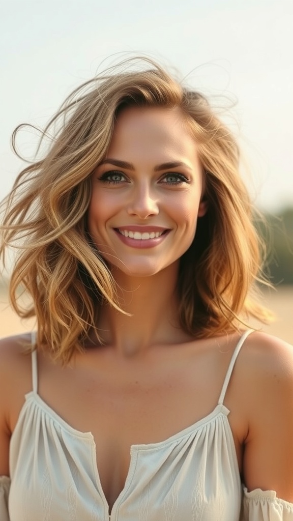 A woman with layered wavy hair smiling outdoors, showcasing a natural wavy haircut with windswept layers.