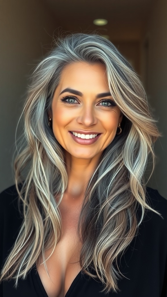 A woman with long, naturally gray hair styled in a messy texture, smiling confidently.