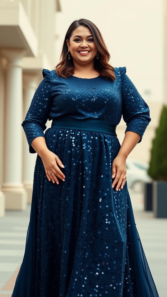 A woman wearing a navy blue sequined maxi dress with long sleeves, smiling confidently.
