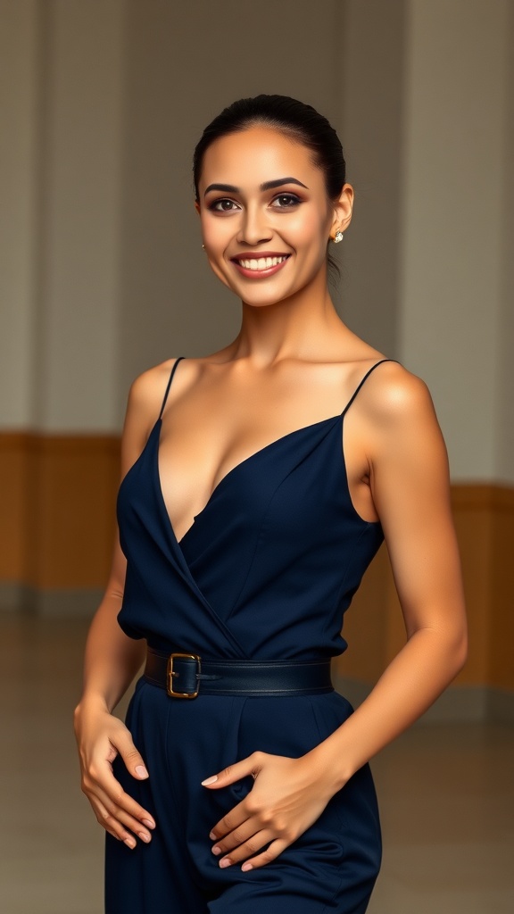 A dancer in a navy jumpsuit with a belt, smiling confidently.