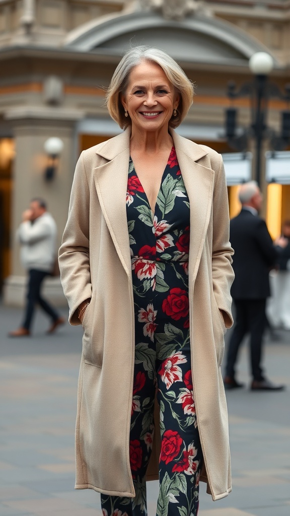 A woman wearing a neutral duster coat over a floral printed jumpsuit, smiling in an urban setting.
