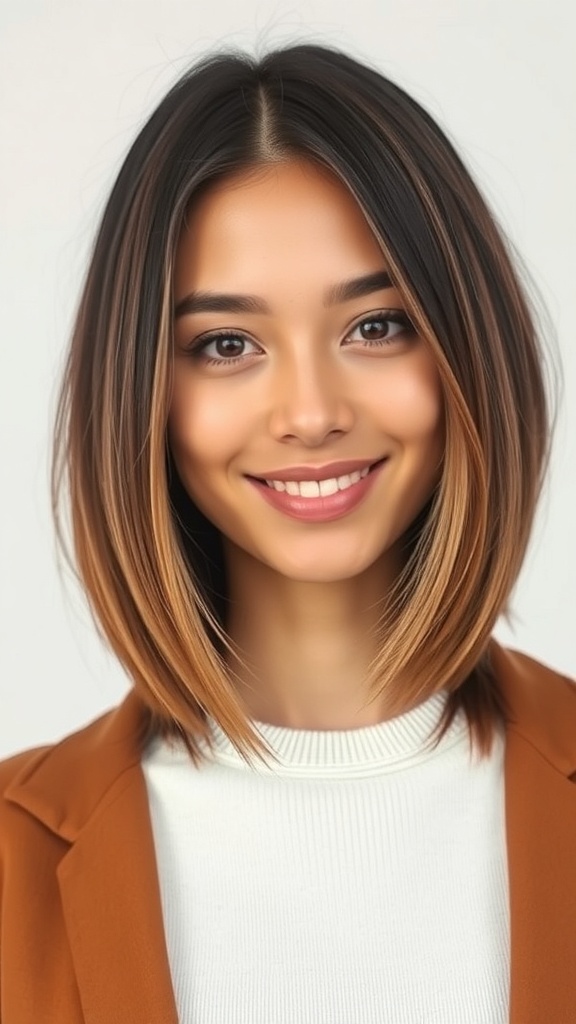 A woman with straight, layered hair smiling, showcasing a no-fuss haircut.