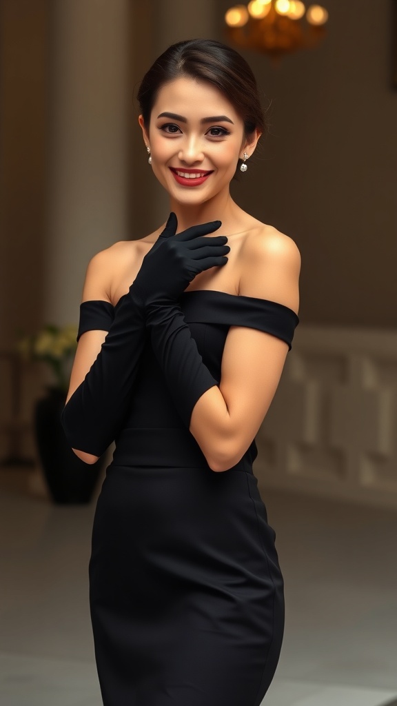 A woman wearing an off-shoulder black midi dress with long black gloves, smiling elegantly.