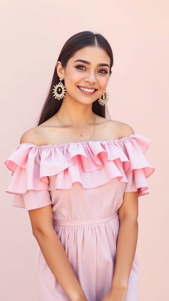 A woman wearing a pink off-shoulder ruffle dress and statement earrings, smiling against a pastel background.