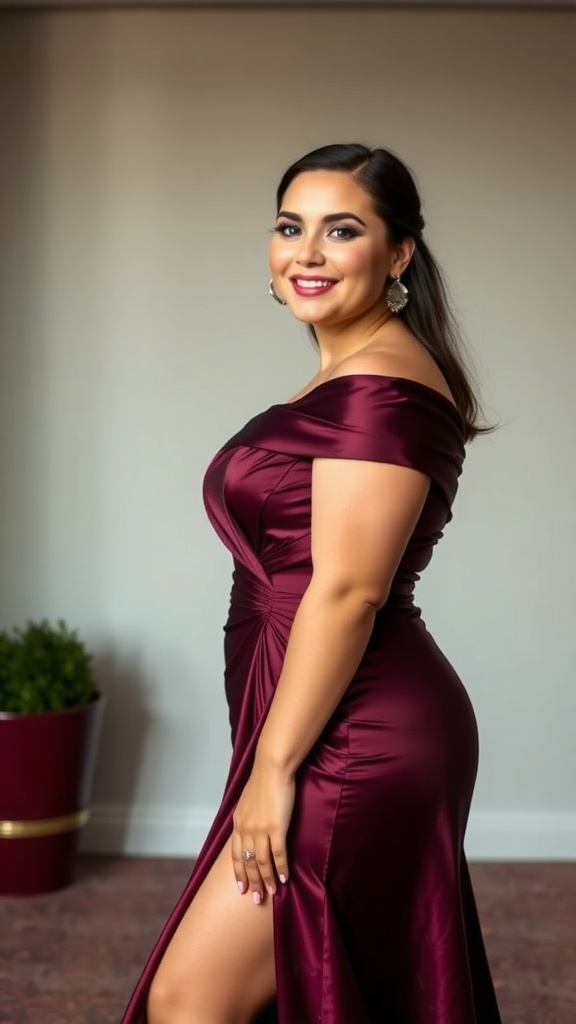 A woman wearing a burgundy off-shoulder satin gown with a slit, smiling confidently.