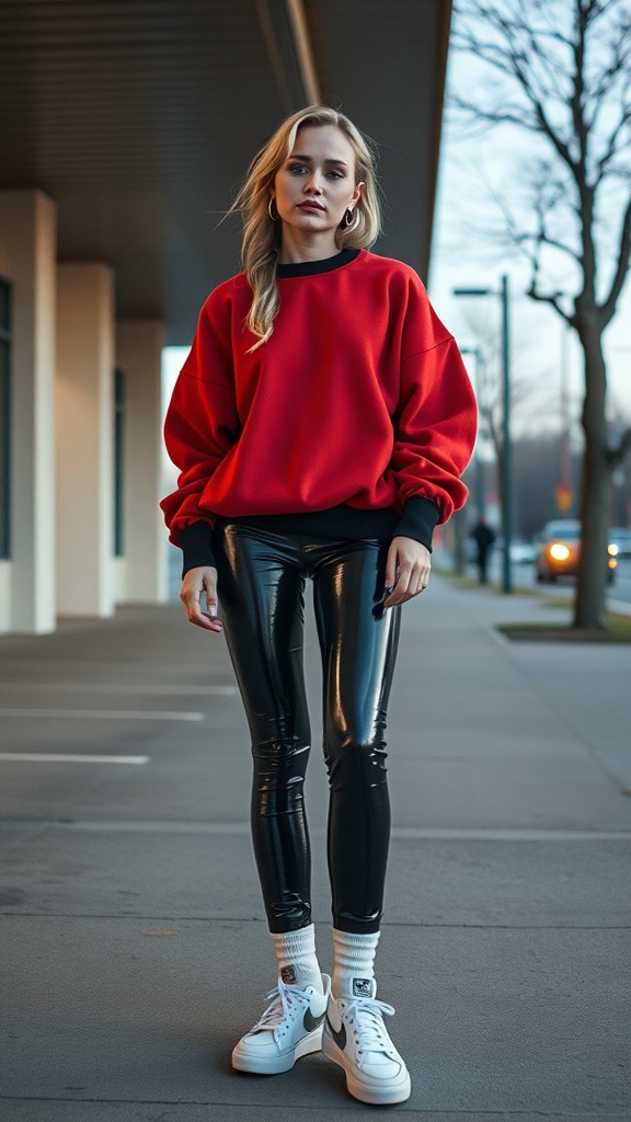 A model wearing a red off-shoulder sweatshirt, shiny black liquid leggings, and white high tops, standing outdoors.