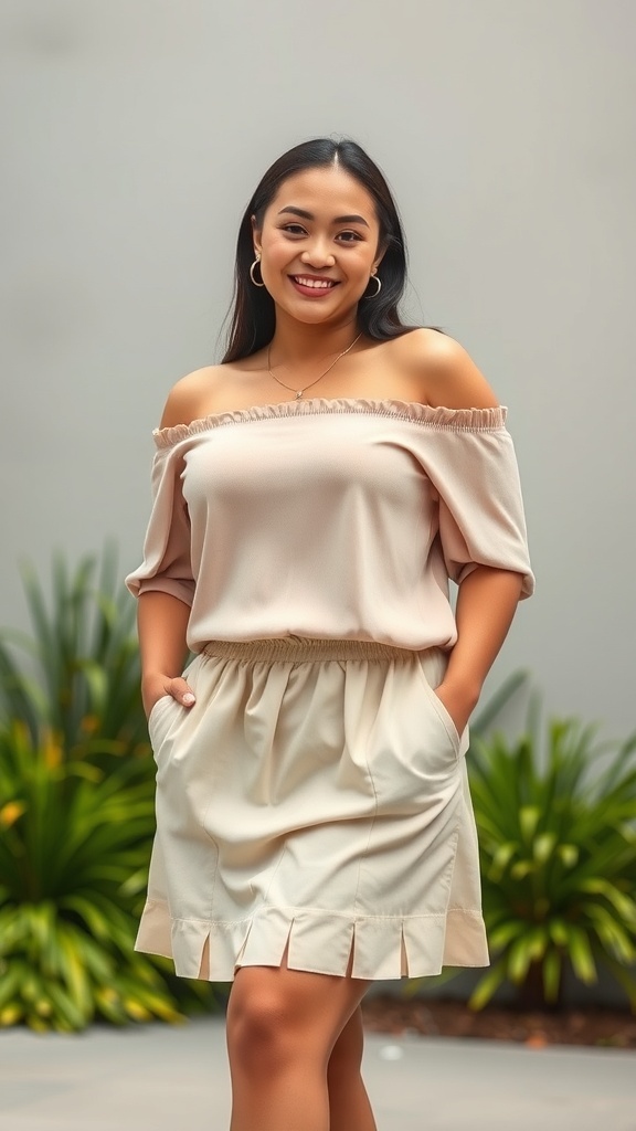 A woman wearing an off-shoulder top and A-line mini skirt, smiling outdoors.