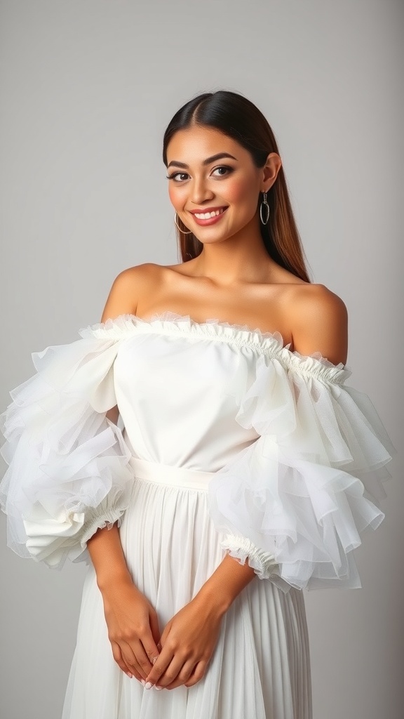 A model wearing an off-shoulder white tulle dress with puffy sleeves, smiling and showcasing the dress's elegant design.