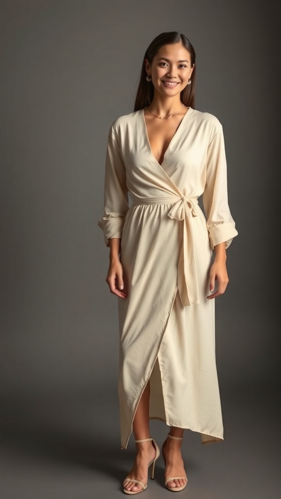 A woman wearing an off-white silk wrap dress with heeled sandals, smiling against a neutral background.