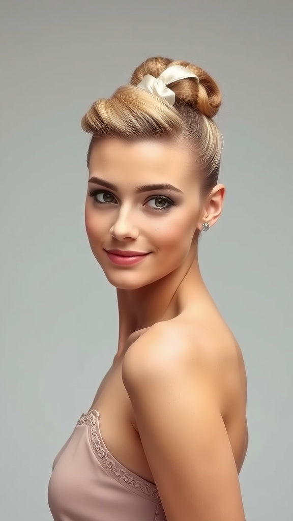 A model showcasing an Old Hollywood ponytail with a roll, featuring soft waves and a ribbon.