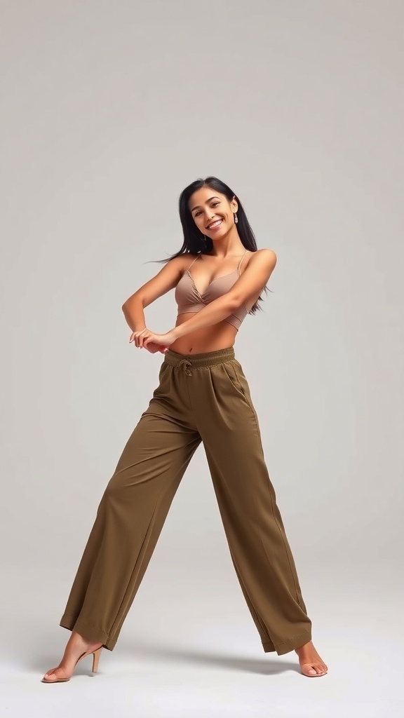 A dancer wearing olive green flowy pants and a fitted bra top, showcasing a stylish and comfortable dance outfit.