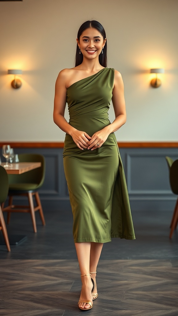 A woman wearing an olive green one-shoulder midi dress with gold heels, smiling in a restaurant setting.