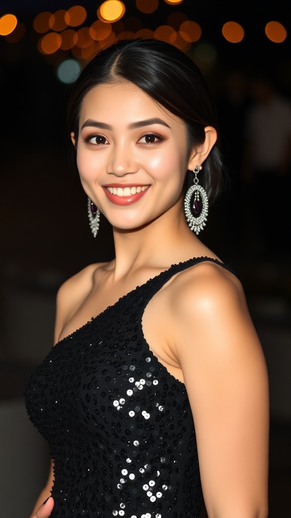 A woman smiling in a one-shoulder black sequin mini dress with sparkling details.