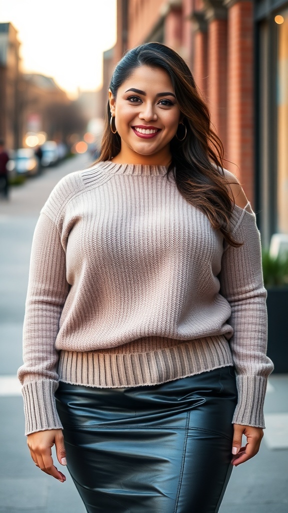 A woman wearing a one-shoulder knit top and a leather skirt, smiling confidently.