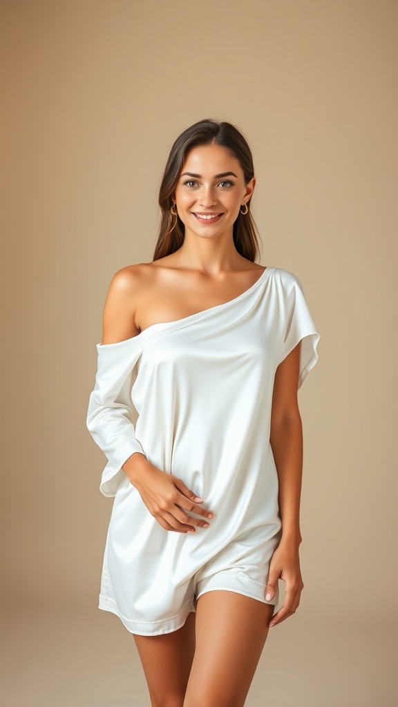 A woman wearing a one-shoulder satin mini dress, smiling against a neutral background.