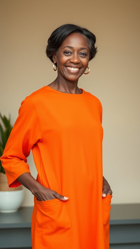 A woman smiling in an orange Kente shift dress with pockets, showcasing a modern yet cultural style.