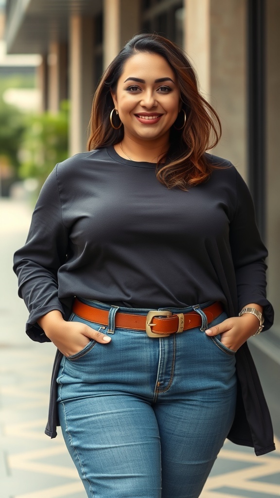 A woman smiling while wearing an oversized blazer with a belt and flared jeans.