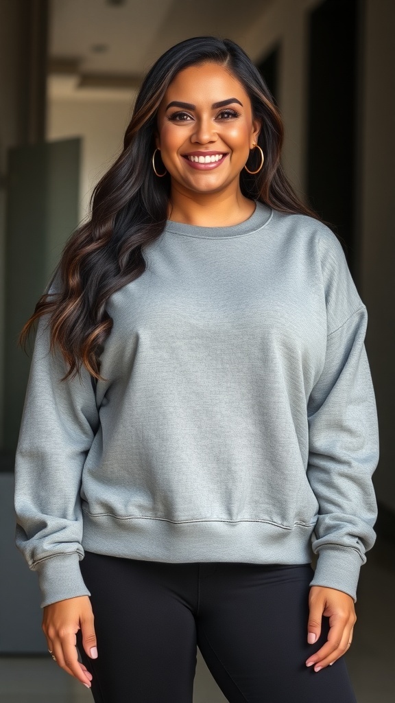 A woman smiling while wearing an oversized crewneck sweatshirt and leggings.
