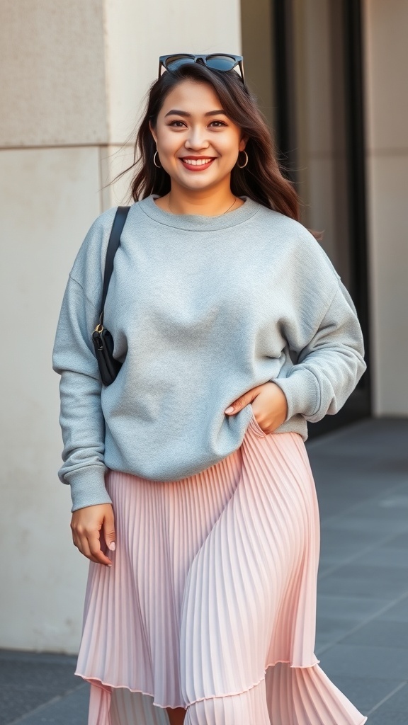 A woman smiling while wearing an oversized crewneck and a pleated midi skirt.