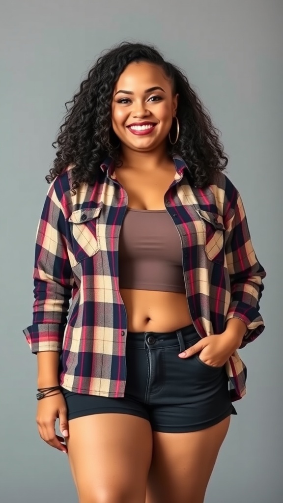 A stylish girl wearing an oversized flannel shirt over a cropped top and biker shorts, smiling confidently.