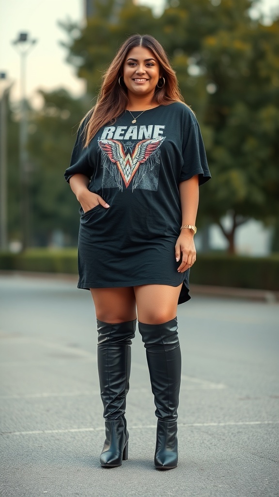 A model wearing an oversized graphic tee and knee-high boots, showcasing a confident and stylish look.